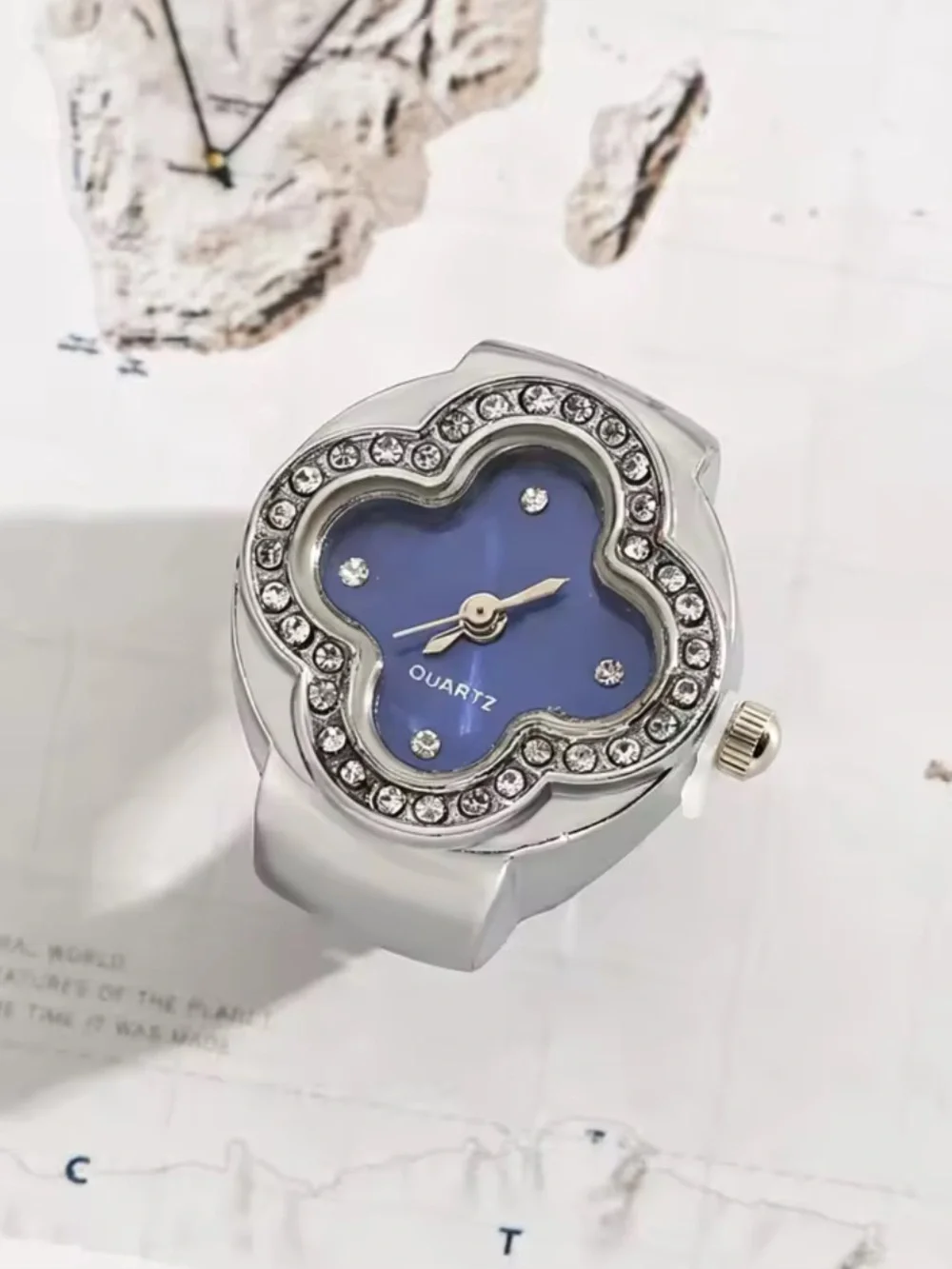 Silver Floral Crystal Accent Ring Watch with Blue Dial